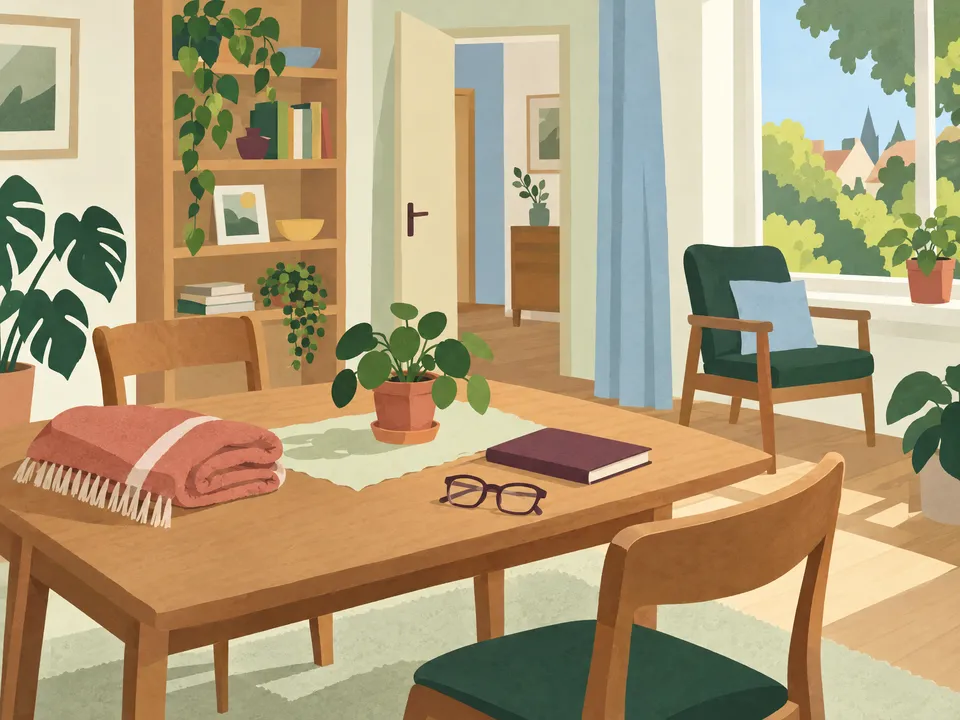 Illustrierter Tisch mit persönlichen Gegenständen und einem freien Platz am Fenster.