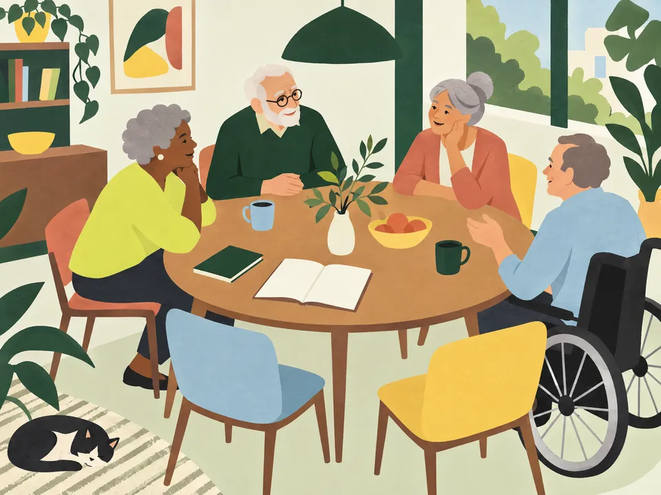 Illustrierter Tisch als gemeinsamer Ort für Fragen und Erfahrungen.